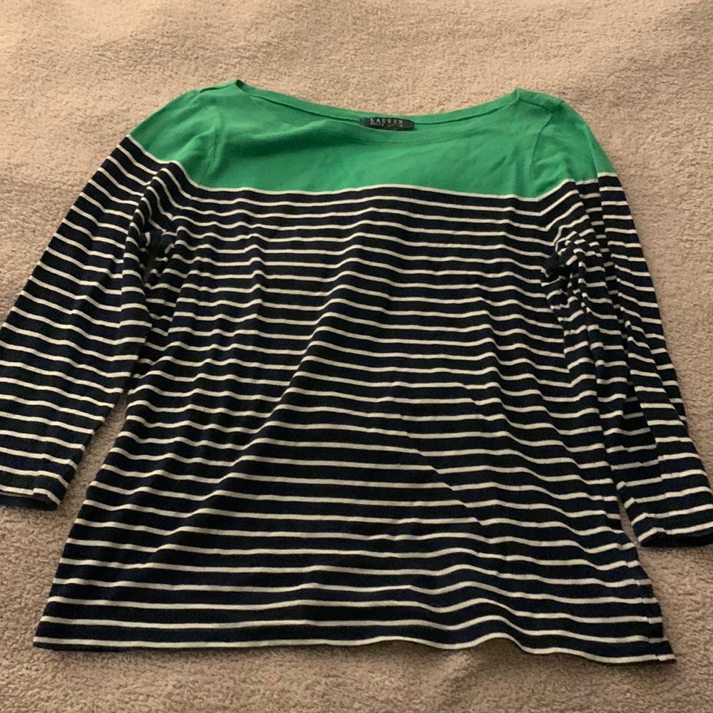 Lauren L boat neck cute green blue and whit stripes